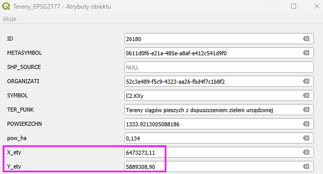 Wartości współrzędnych lokalizacji etykiety